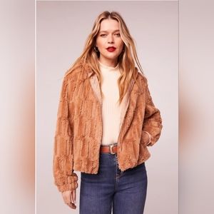 Band of the Free Bohemian Faux Fur Hooded Bomber Jacket Coat Tan Womens Medium